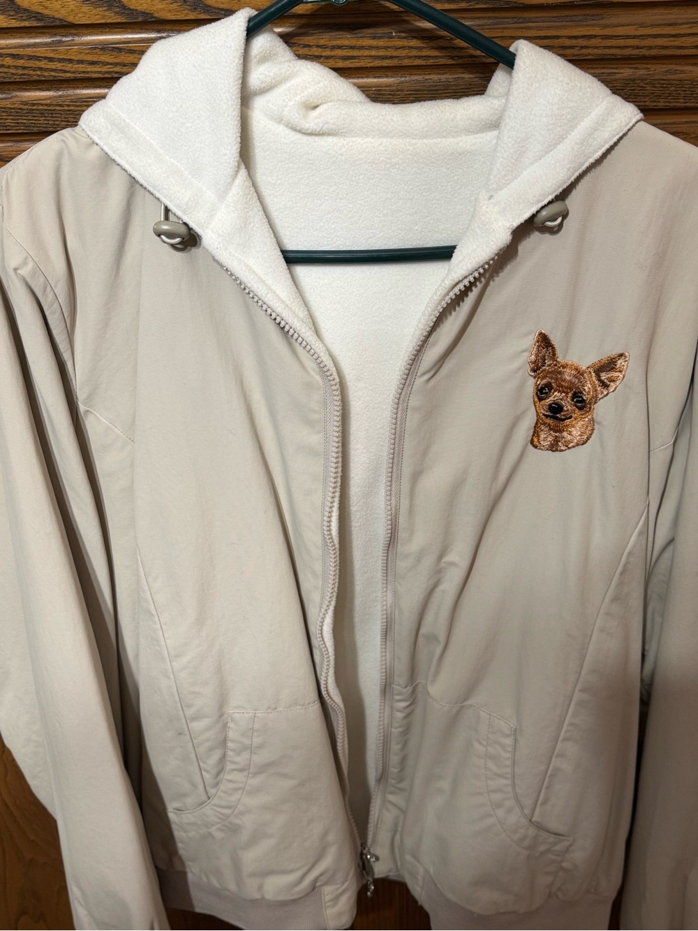 Cream Zip Hoodie Jacket with Embroidered Dog Patch - Chihuahua